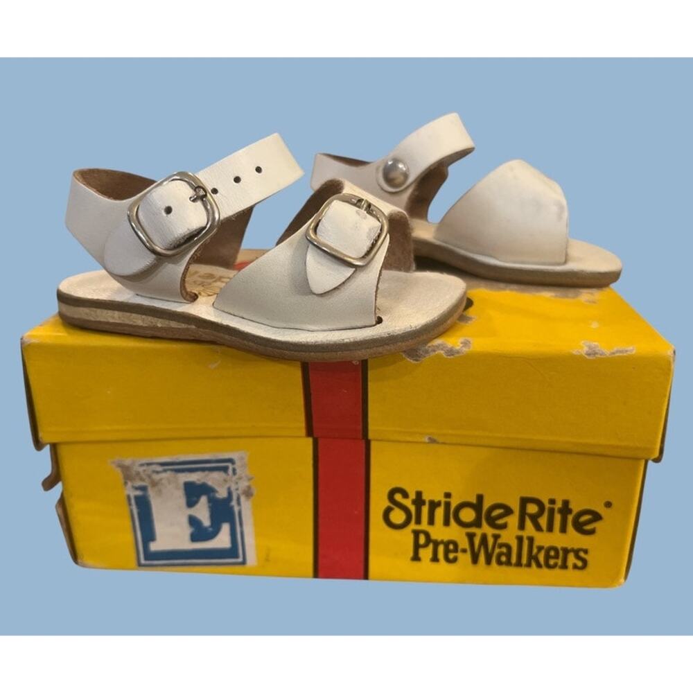 Vtg 80 Stride Rite PreWalkers Leather Buckle Sandal Shoe Sz 2 In Box White Retro